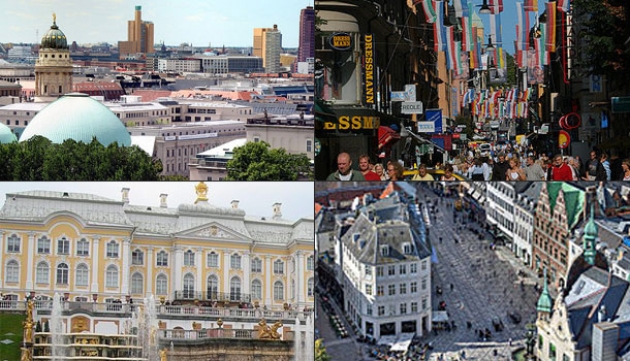 A few of the cities you'll see as you cruise through northern Europe (clockwise): Berlin, Stockholm, St. Petersburg, and Copenhagen. 